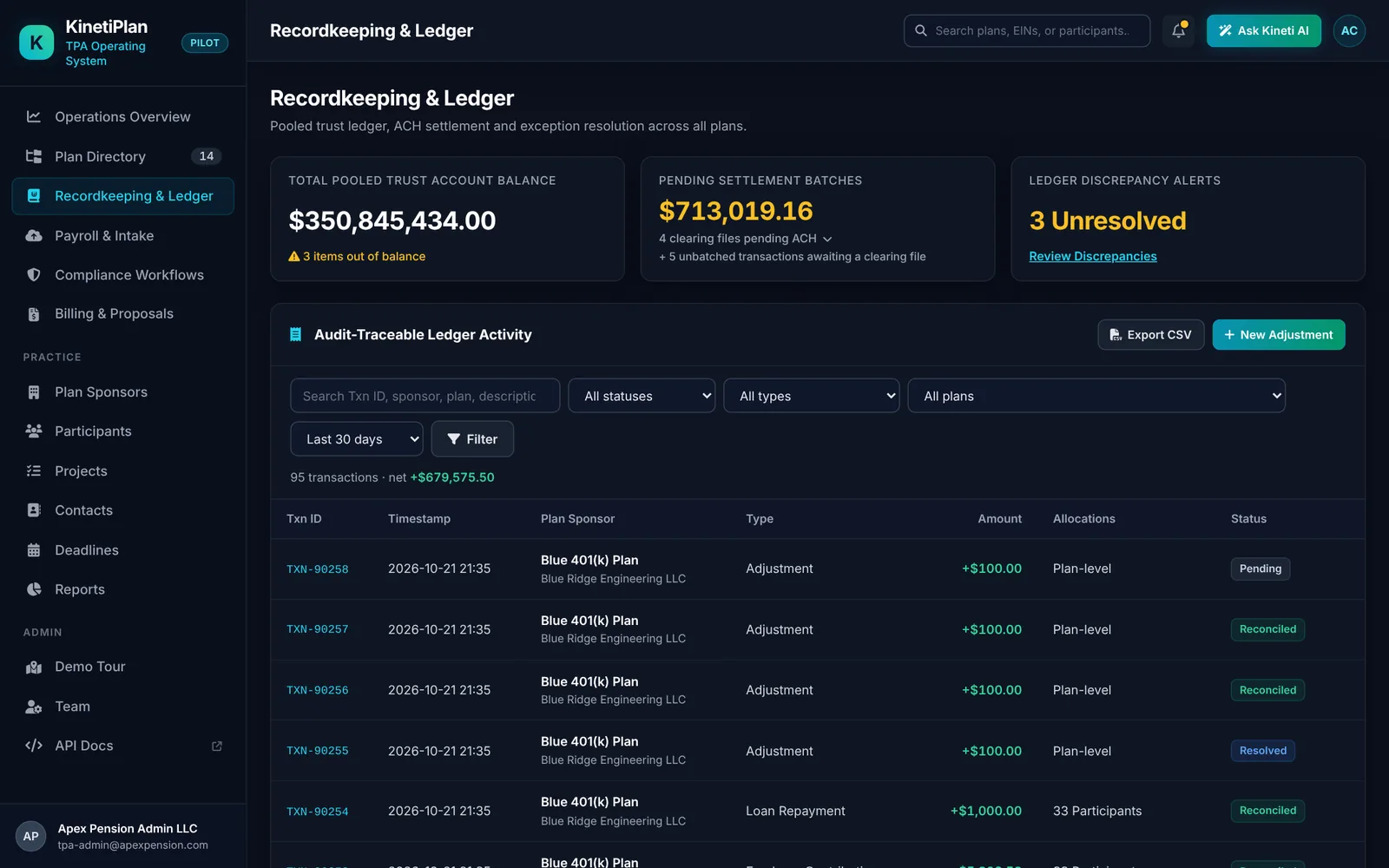 Recordkeeping ledger with pooled trust balance, pending ACH settlement batches, discrepancy alerts and audit-traceable transactions